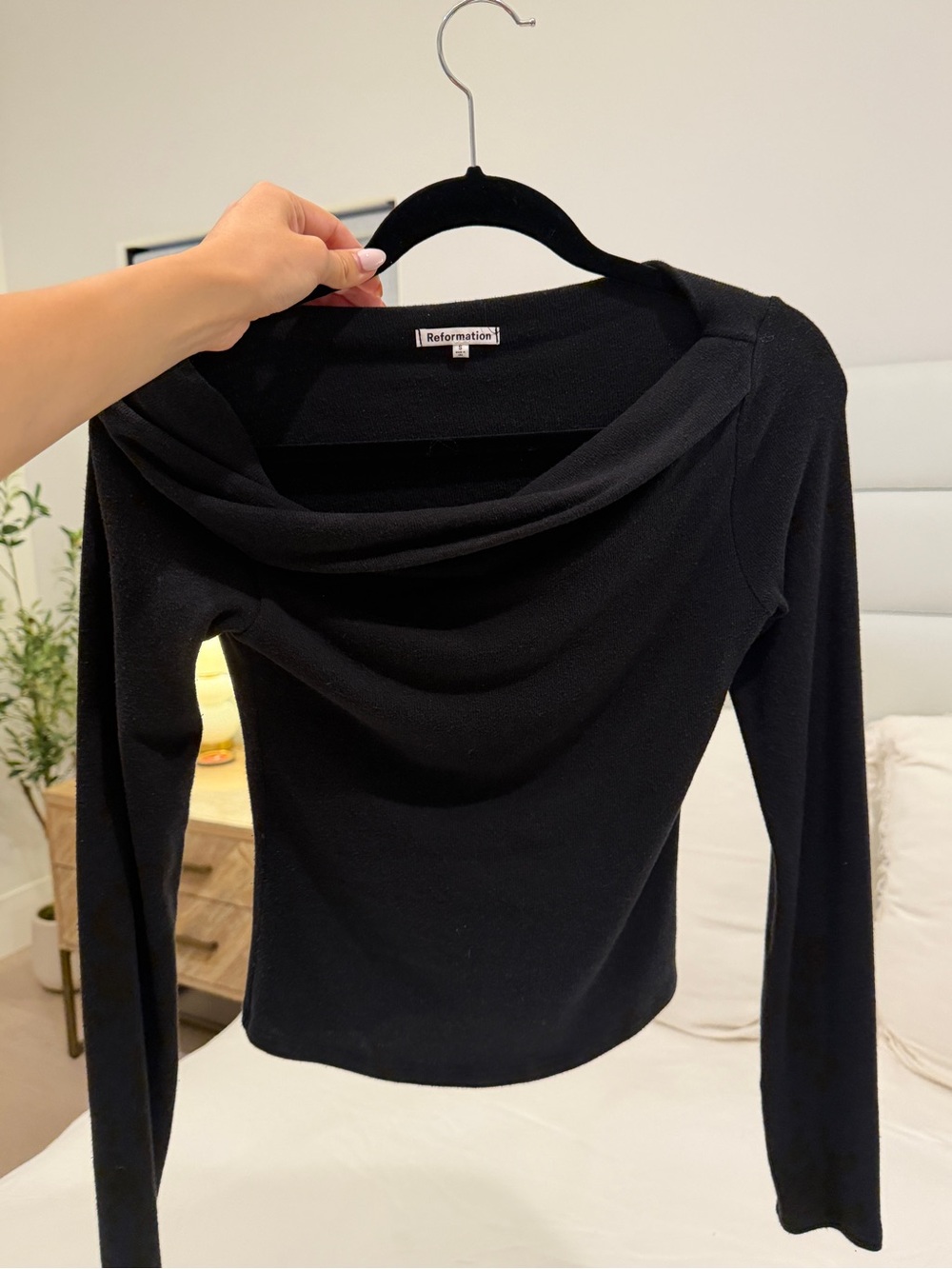 Reformation Black Draped Cowl-Neck Long Sleeve Sweater